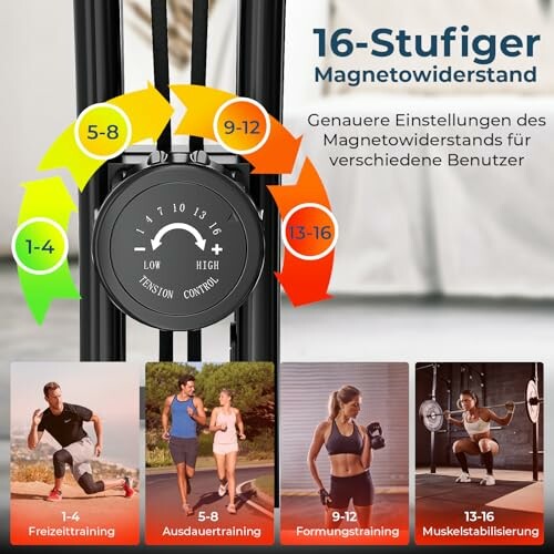 Trainingsgerät mit 16-stufigem Magnetwiderstand für verschiedene Übungen.