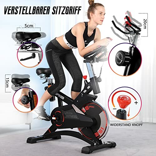 Frau trainiert auf einem Heimtrainer mit verstellbarem Sitzgriff