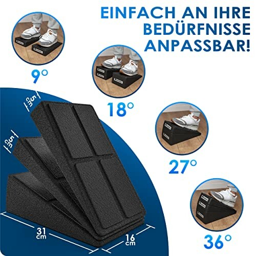 Verstellbare Keile für Beinübungen mit verschiedenen Winkeln.