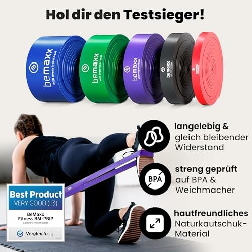 Frau trainiert mit bemaxx Fitnessbändern in verschiedenen Farben