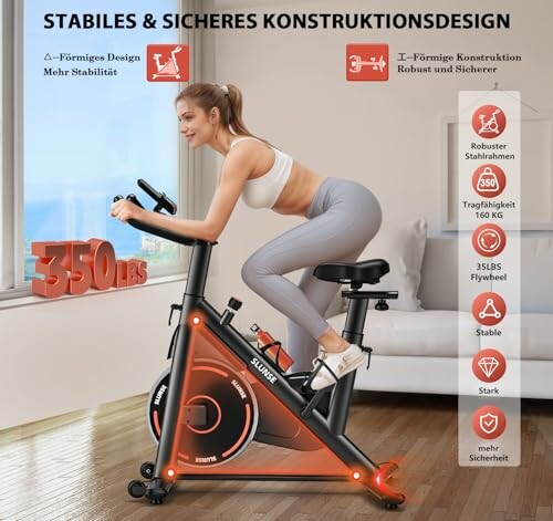 Frau auf Heimtrainer mit Stabilitäts- und Sicherheitsmerkmalen.