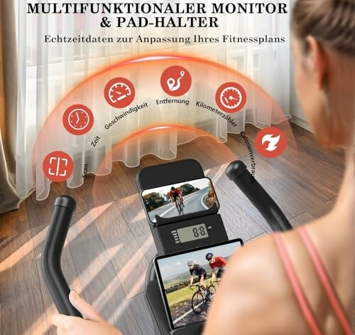 Fahrradtrainer mit digitalem Monitor und Tablet-Halterung.