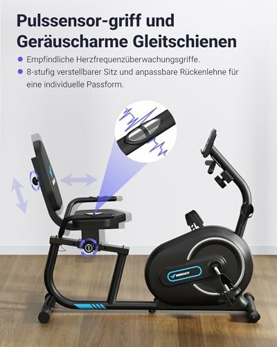 Liegefahrrad mit Pulssensor und verstellbarem Sitz.
