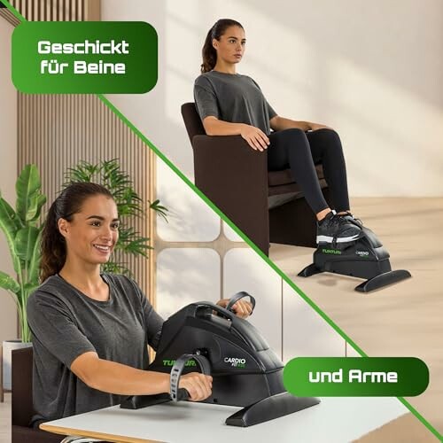 Person nutzt Trainingsgerät für Beine und Arme.