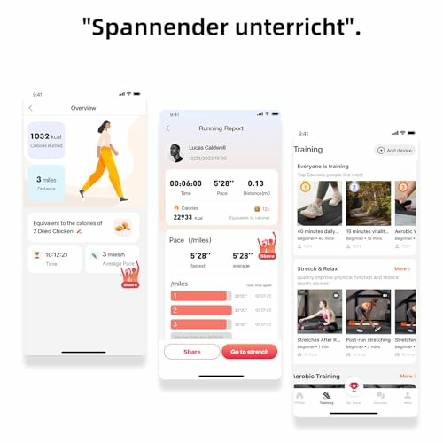 Drei Screenshots einer Fitness-App mit Kalorienübersicht, Laufbericht und Trainingsplänen.