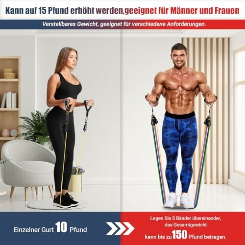 Mann und Frau trainieren mit Fitnessbändern zu Hause.
