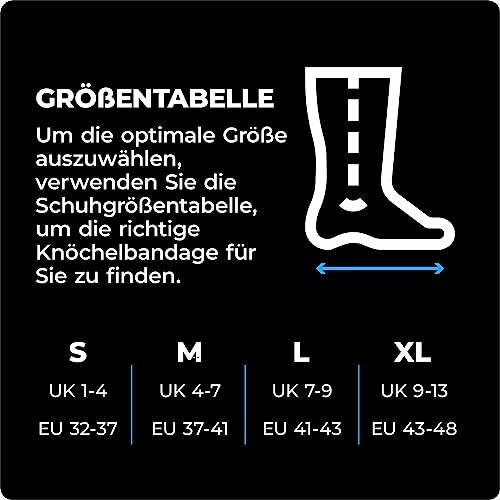 Größentabelle für Knöchelbandage mit EU- und UK-Größenangaben.