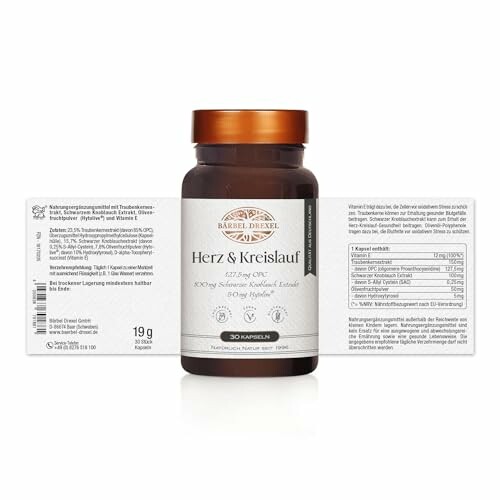 Braunglasflasche mit Etikett 'Herz & Kreislauf' und Inhaltsangaben