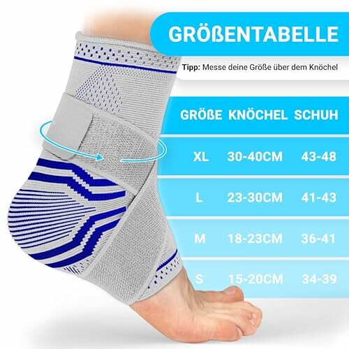 Größentabelle für Knöchelbandage mit Größenangaben in cm und Schuhgrößen.