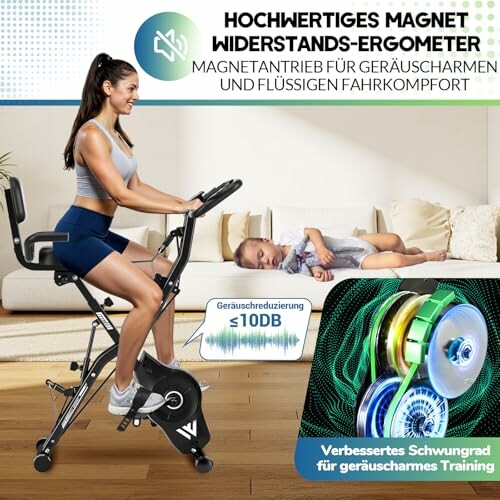 Frau trainiert auf Heimtrainer neben schlafendem Kind