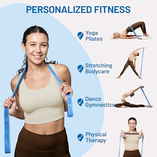 Frau mit Fitnessband und vier Übungsbildern