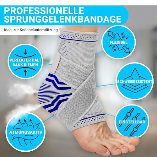 Sprunggelenkbandage mit verschiedenen Eigenschaften wie Flexibilität und Schweißresistenz.
