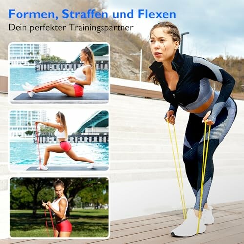 Frau trainiert mit Fitnessbändern im Freien.