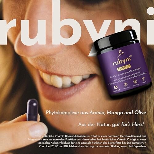 Nahaufnahme einer Person, die ein Nahrungsergänzungsmittel hält, mit einer Rubyni-Cardio-Dose im Vordergrund.
