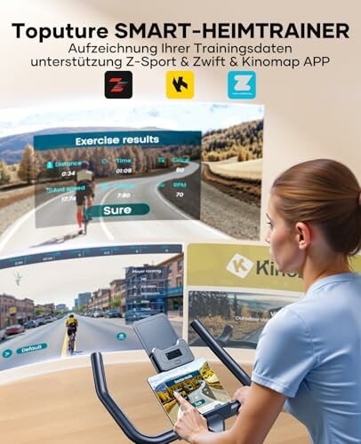 Frau benutzt Heimtrainer mit Fitness-Apps auf Bildschirmen