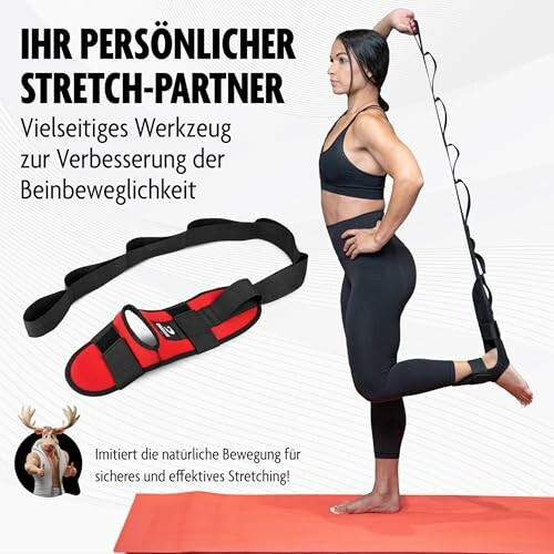 Frau benutzt ein Dehnungsgerät für Beinflexibilität