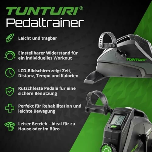 Tunturi Pedaltrainer mit verschiedenen Funktionen und Eigenschaften aufgelistet.