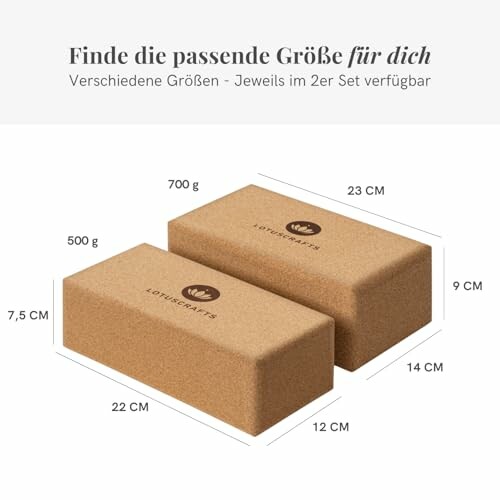 Zwei Yoga-Blöcke mit Größen- und Gewichtsangaben