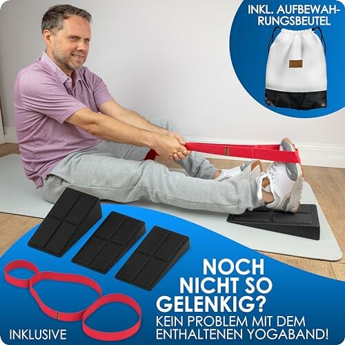 Mann benutzt Yogabänder und Keile zur Dehnung.