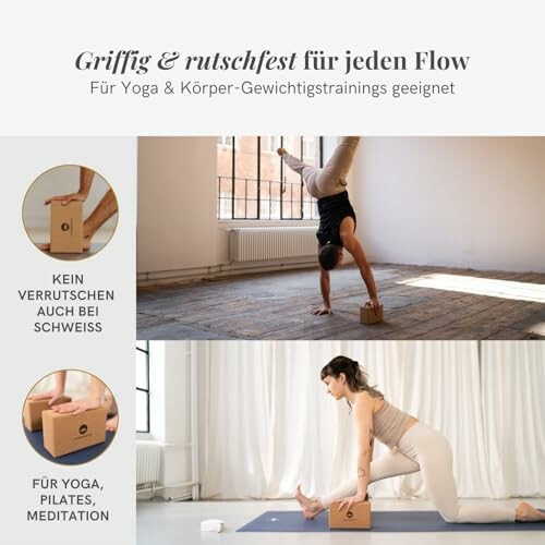 Personen nutzen Blöcke für Yoga-Übungen.